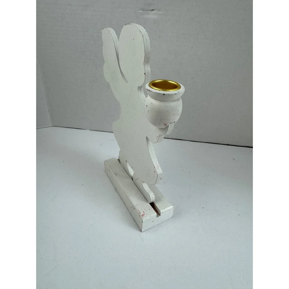 Vintage White Wooden Angel Taper Candle Holder Folk Art Christmas Decor 8.5 Inch